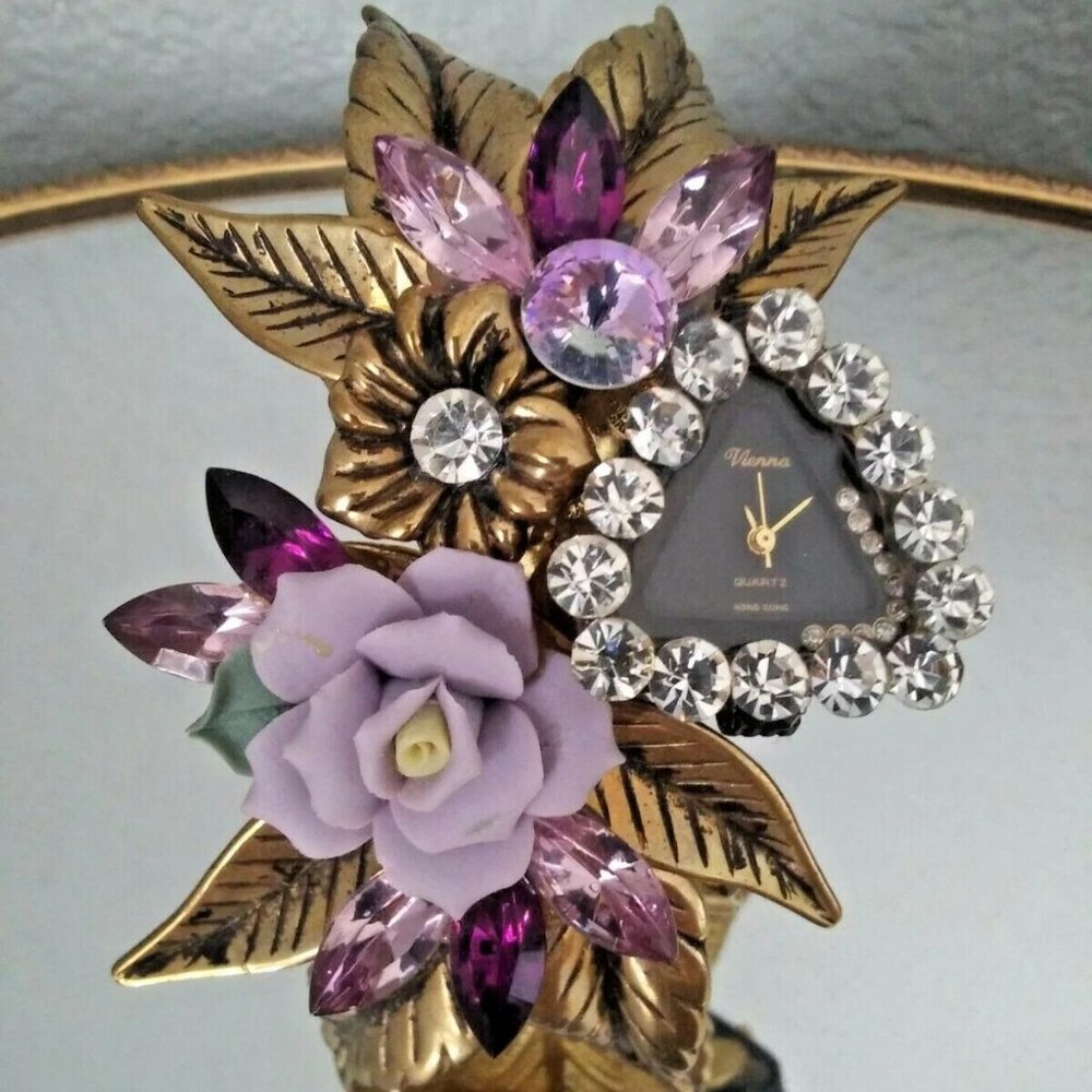 Vintage Cuff Bracelet - Floral Gold Tone Leaf Purple Crystals Antique Gold-tone